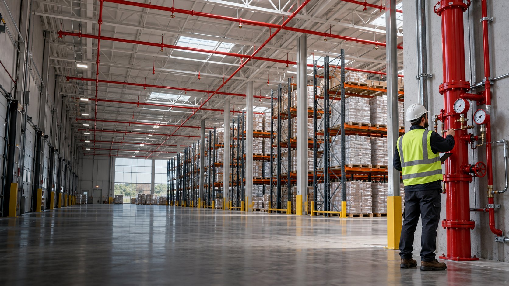 Concept image: a fire protection technician checks a red sprinkler riser in a bright distribution warehouse with red sprinkler mains along the ceiling